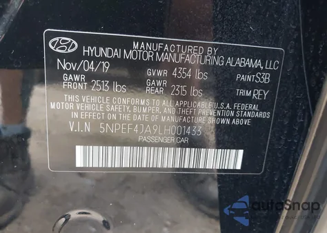 2020 Hyundai Sonata Sel z USA, uszkodzony, nr VIN 5NPEF4JA9LH001433